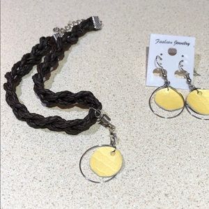 Yellow leather earrings and necklace set